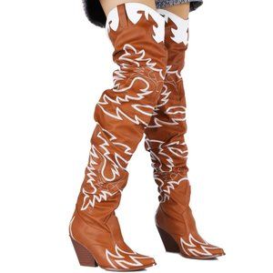 Tan Flame Embroidered Slouch Over The Knee Cowboy Cowgirl Boots Block Heel